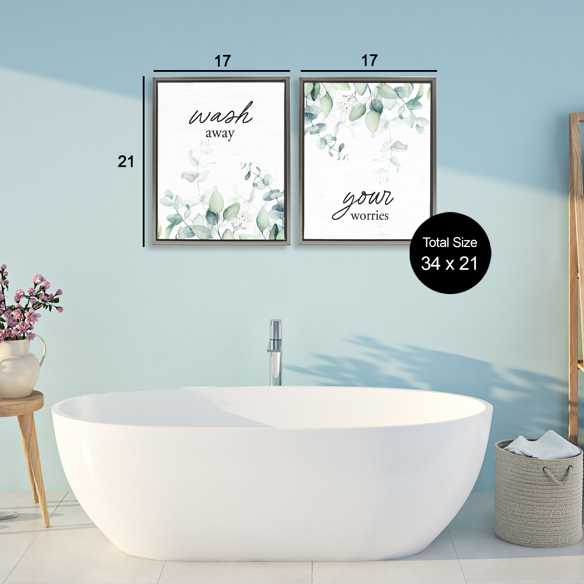 Wash Away Your Worries Leaves 2 Piece Gray Framed Floater Canvas Set, design by Lettered and Lined