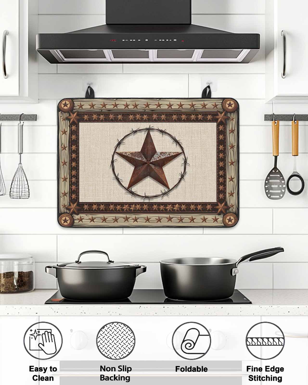 Stove Top Covers for Electric Stove, Country Texas Star Glass Stovetop Cover Protector, Brown Farmhouse Vintage Wooden Induction Cooktop Protector Oven Mat for Kitchen Countertop 24"x21"