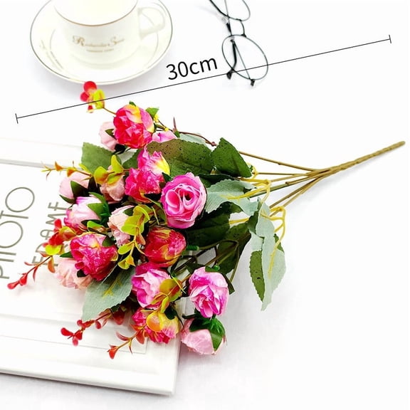 Artificial Flowers Mini Rose Bouquet Silk Rose Bouquet Wedding Home Office Floral Decoration Spring Party Supplies (Hot Pink)