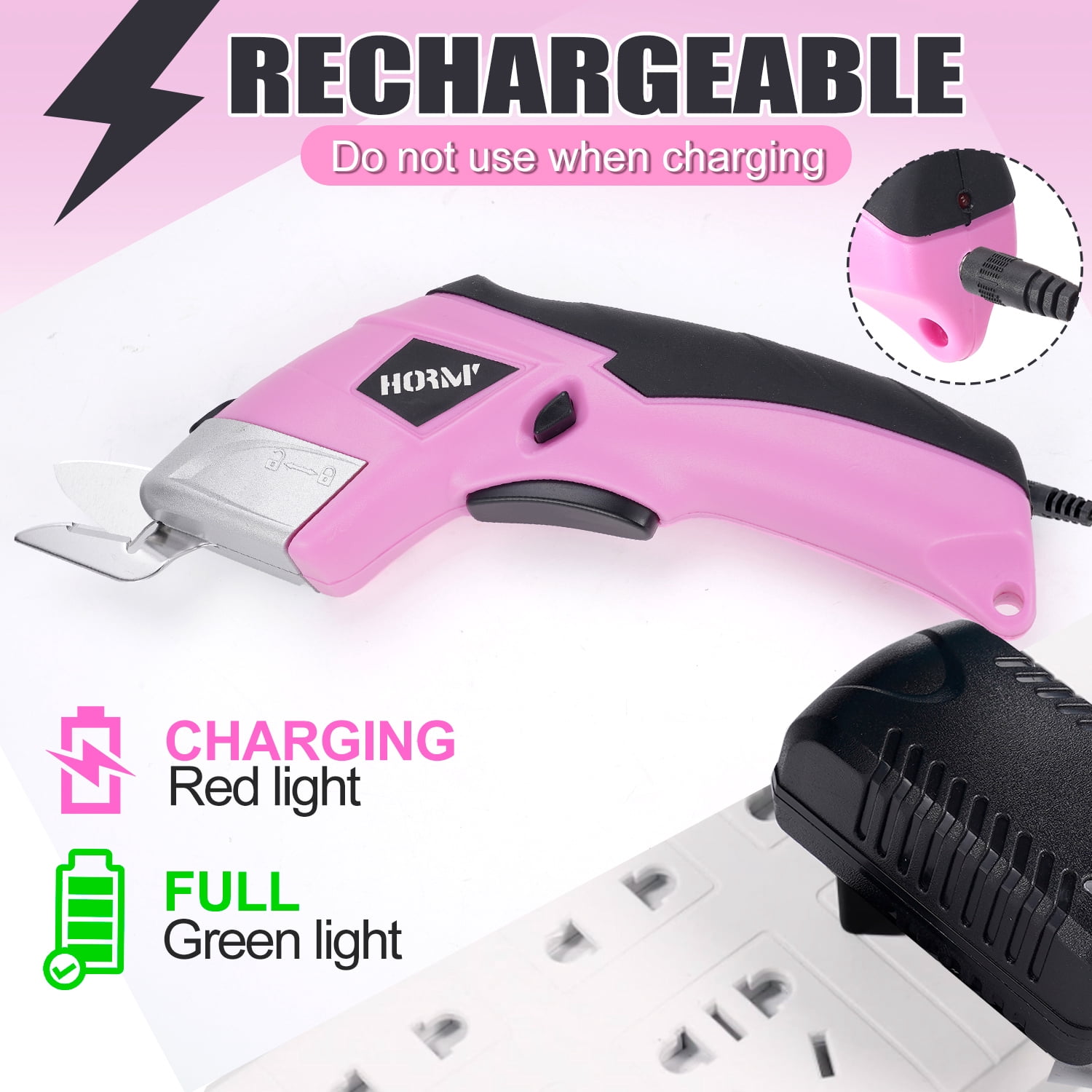HORMY Cordless Electric Scissors with Two Blades, 3.6V Super Scissors Rechargeable with USB Charge Cable, for Cardboard Cutting Fabric Paper, Pink
