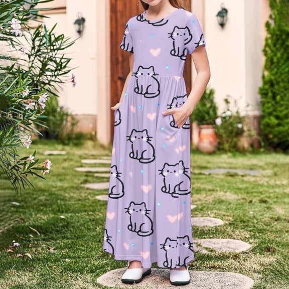 DAETIROS Girls Cat Print Maxi Dress with Pockets Soft Flowy Casual Summer Long Dress for Kids Purple Girls Sizes 4-14,Size 5 T