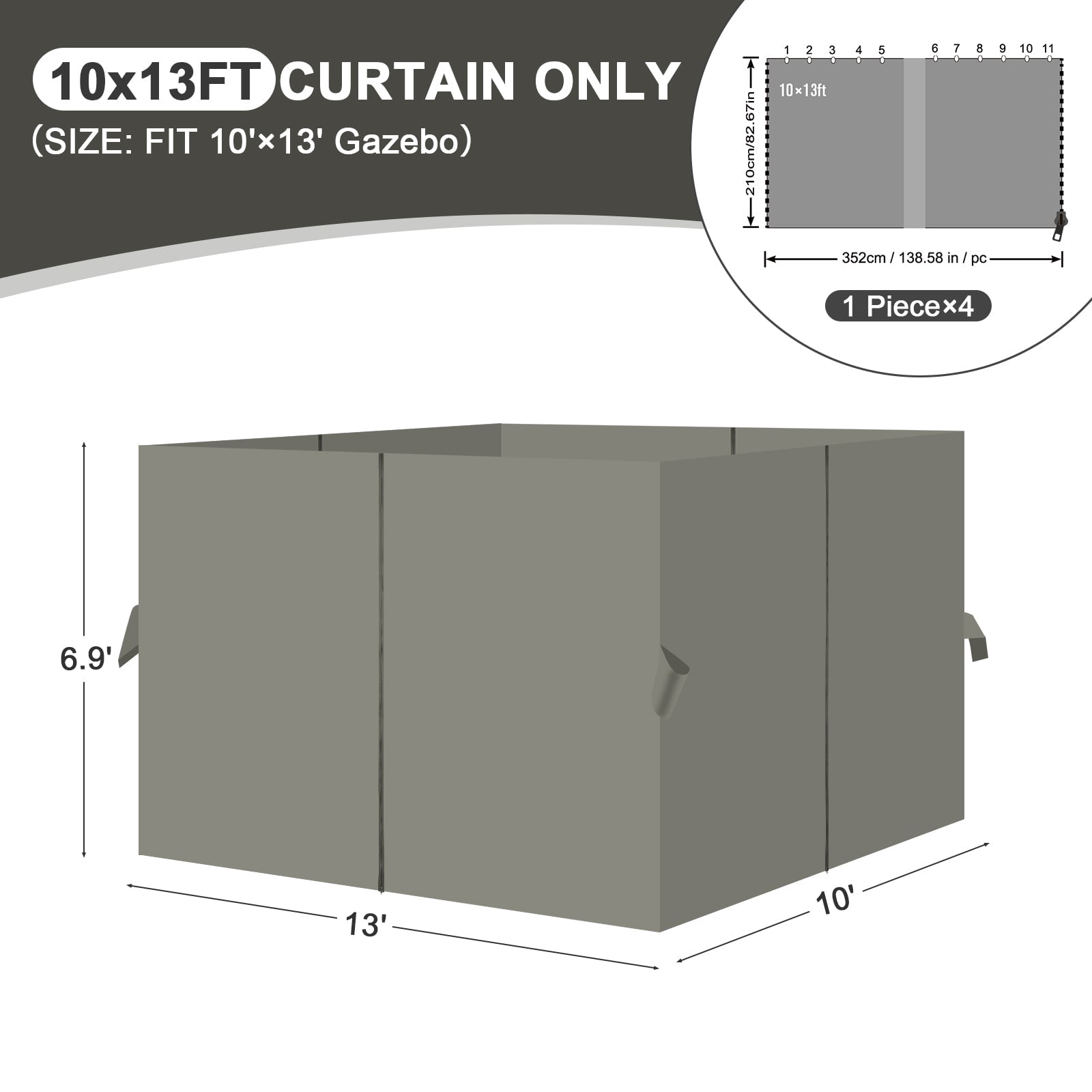 Aoodor 10' x 13' Gazebo Curtain Set Protecting Privacy Side Walls 4 Panels, Curtain Only - Grey