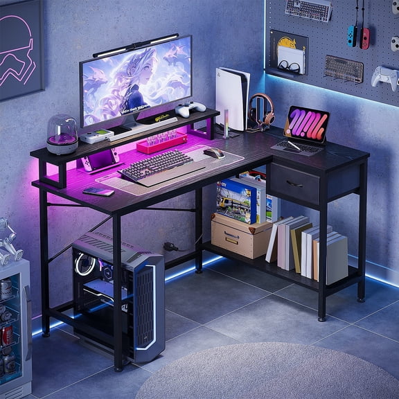 Fairy L Shaped Gaming Desk, 43in Computer Desk with Charging Port (Black)