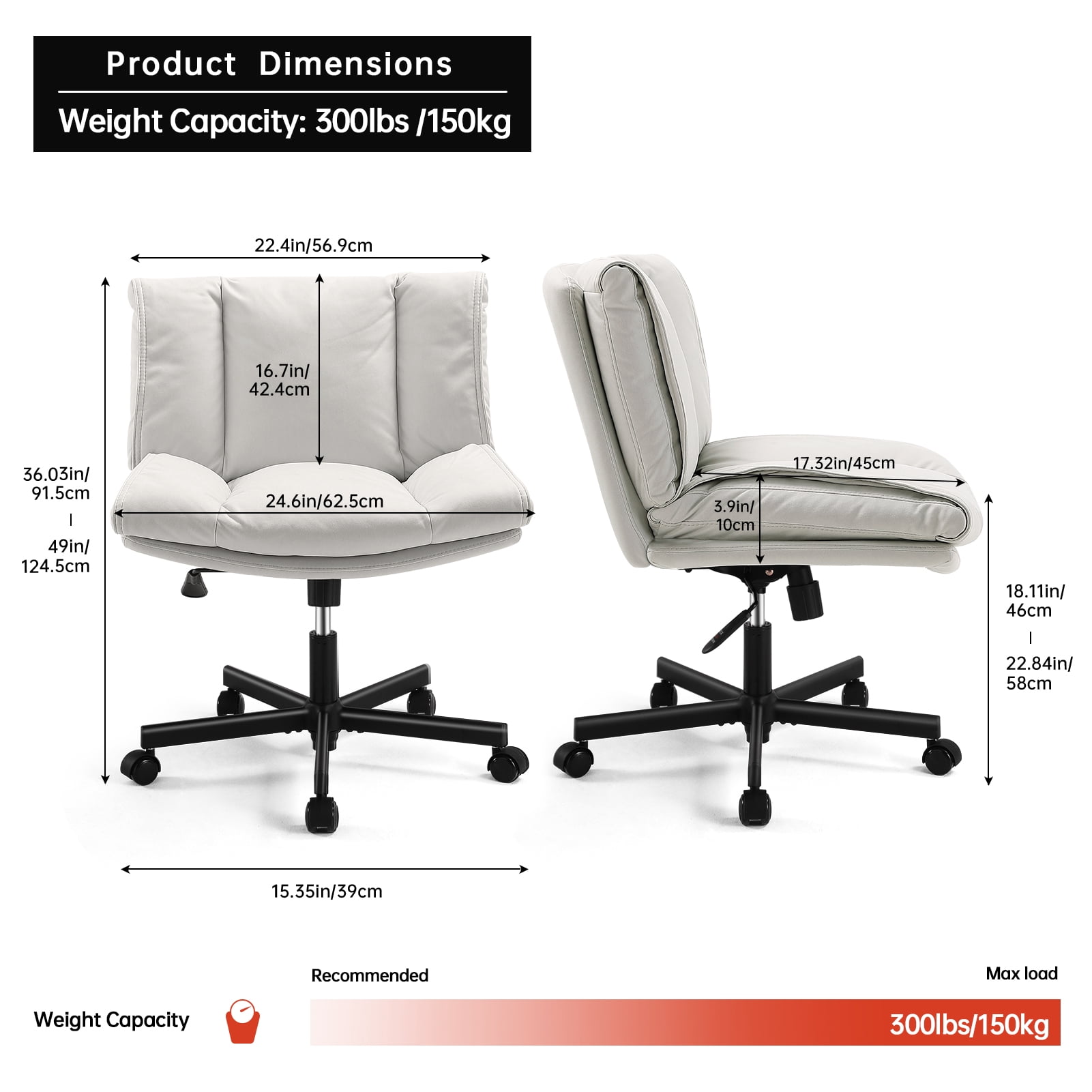 LEAGOO Armless Desk Chairs with Wheels Office Chair Vanity Chair with Technical Cloth Adjustable Swivel Computer Task Chairs for Home Base, Bedroom, Small Space, Make up,Off-white
