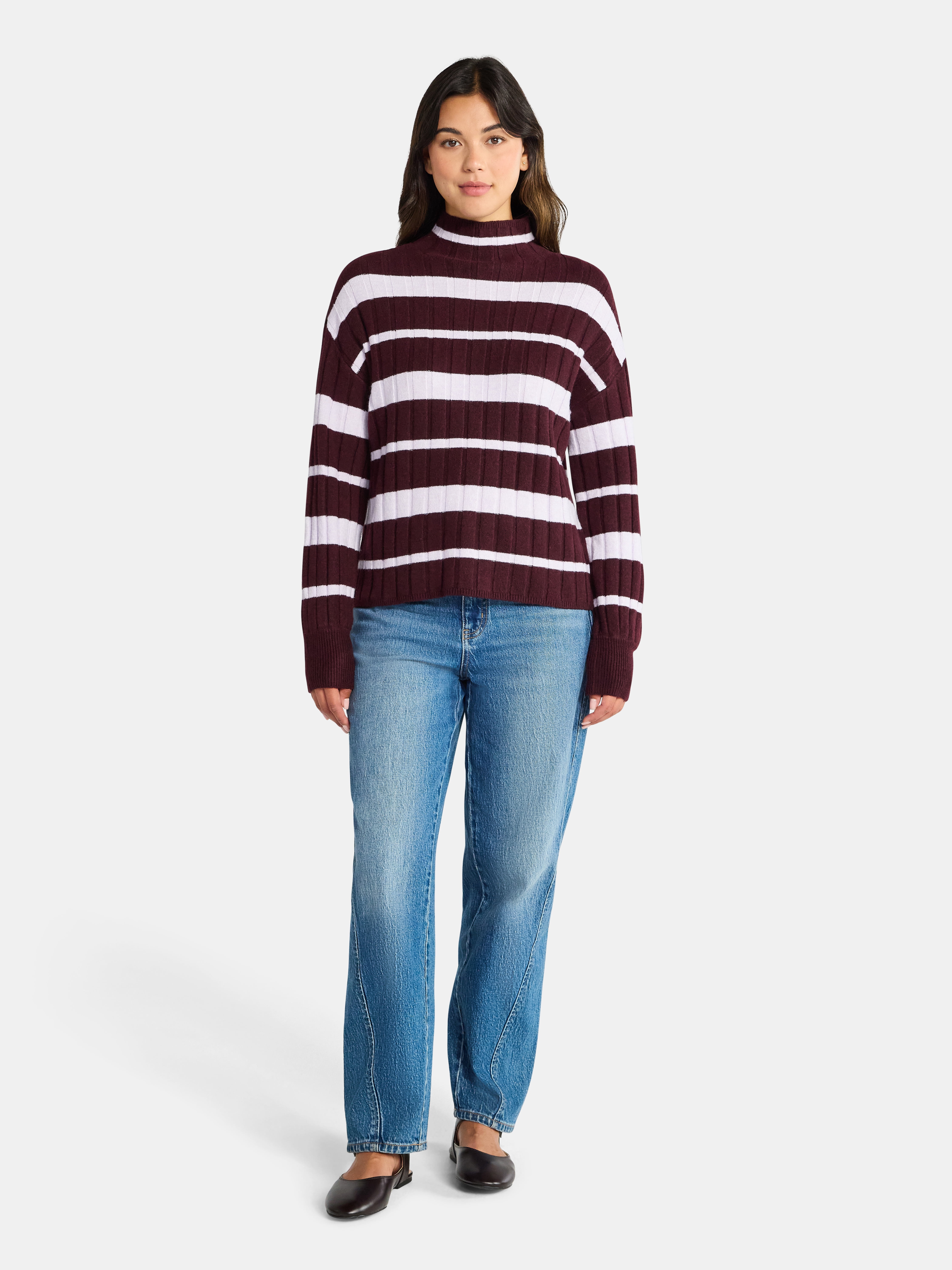 Time and Tru Women's Ribbed Mock Neck Sweater, Lightweight, Sizes XS-XXXL