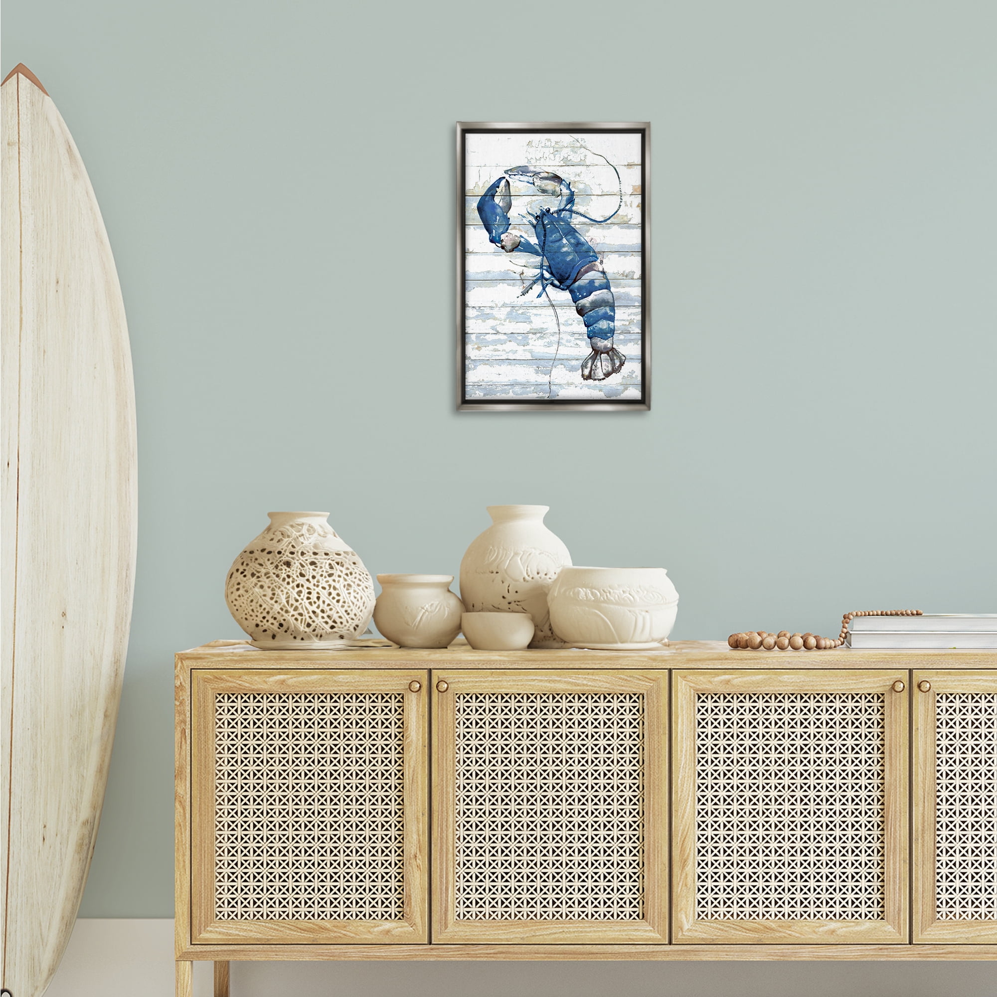 Stupell Industries Blue Lobster on Distressed Animals Painting Gray Floater Framed Canvas Art Print Wall Art, 17 x 25
