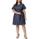 thumbnail image 2 of Women's Plus Size Dress Wrap Belted Turndown Collar Chambray Dress Black Blue 3X, 2 of 7