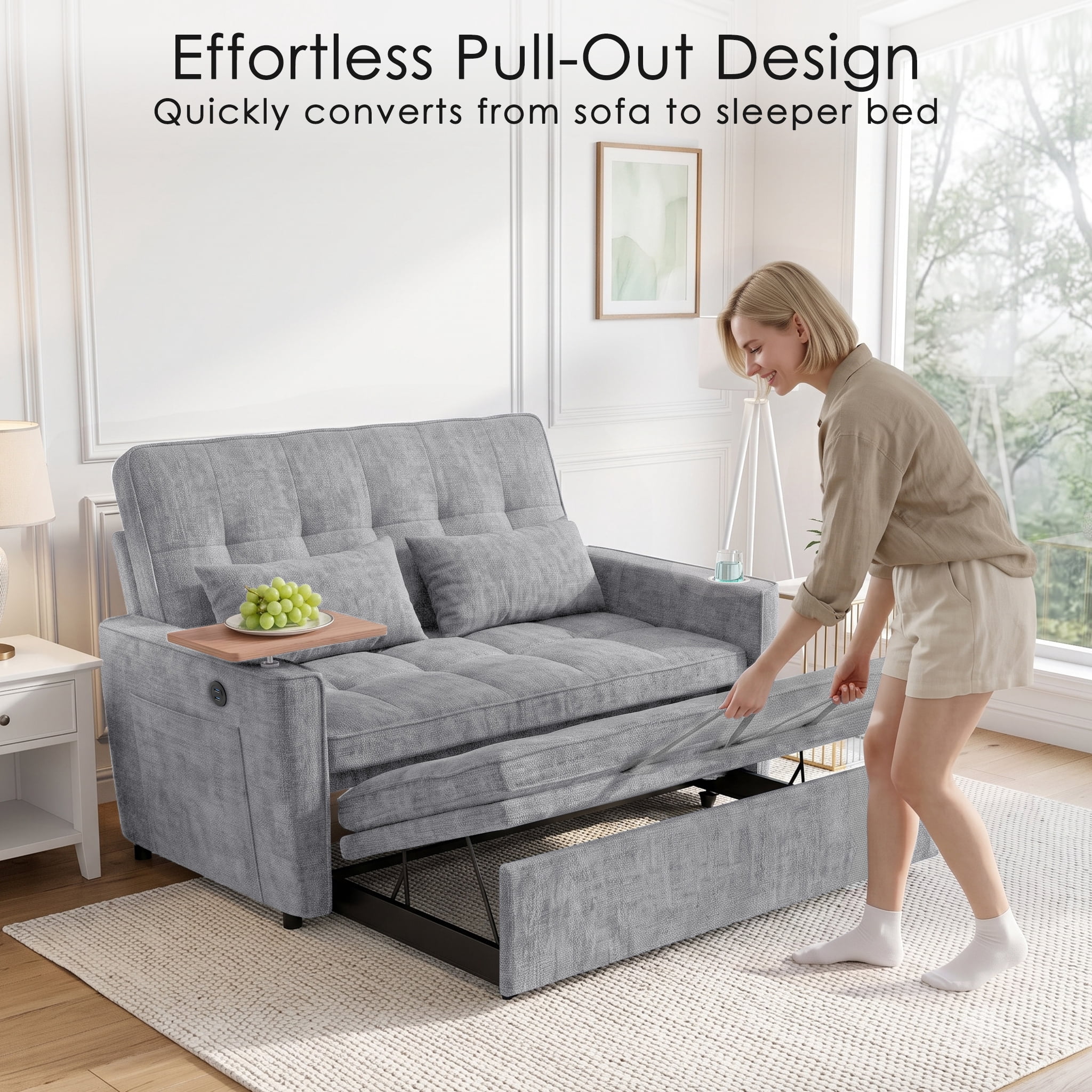 AISWORD 54" Convertible Pull Out Sleeper Sofa Bed, Chenille Loveseat Couch with USB Port, Side Tray Table, Cup Holder, Storage Pockets & Adjustable Backrest for Small Spaces, Light Gray