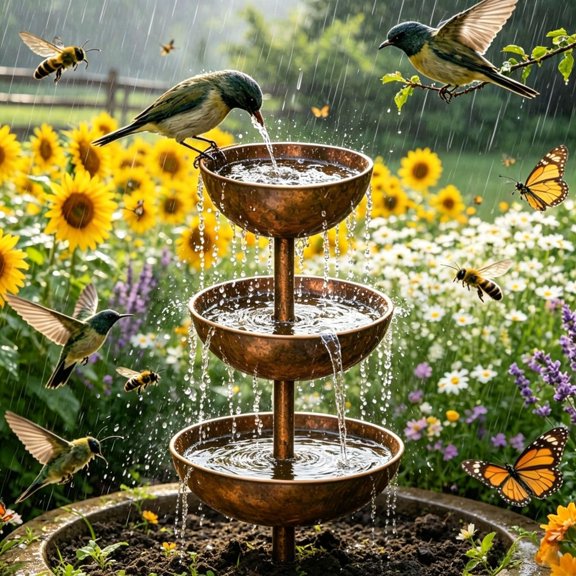 Rain Catcher Garden Stake, Garden Stake with 3-Tiered Water Bowls, Plant Support Metal Garden Ornament, Bird Bath & Bee Watering Station for Outdoor Garden Patio Yard Lawn Decor
