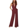 thumbnail image 2 of Gaecuw Jumpsuits for Women Dressy Sleeveless Cold Shoulder Overall with Pockets Halter Neck Band Collar Solid Onesie One Piece Outfits Loose Baggy Long Pants Wide Leg Summer Romper Ankle Length, 2 of 6