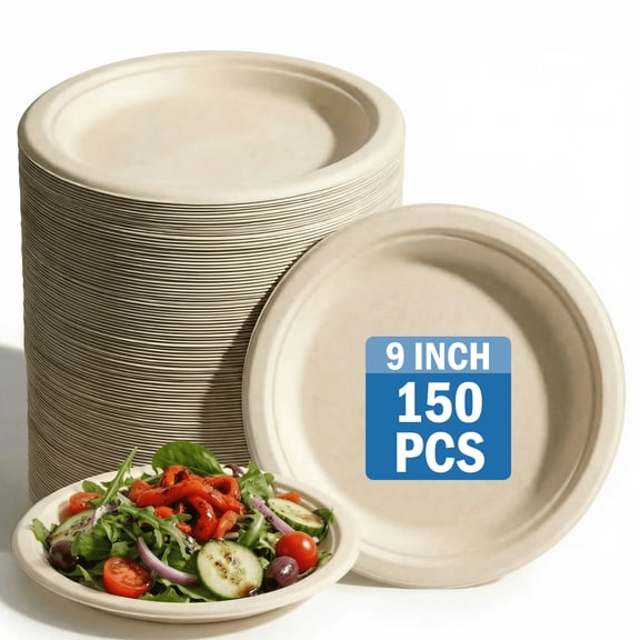 150-Count 9" Compostable Paper Plates - Heavy-Duty Microwave-Safe Bagasse Dinnerware, Grease-Resistant Disposable Plates for Parties & Outdoor Dining