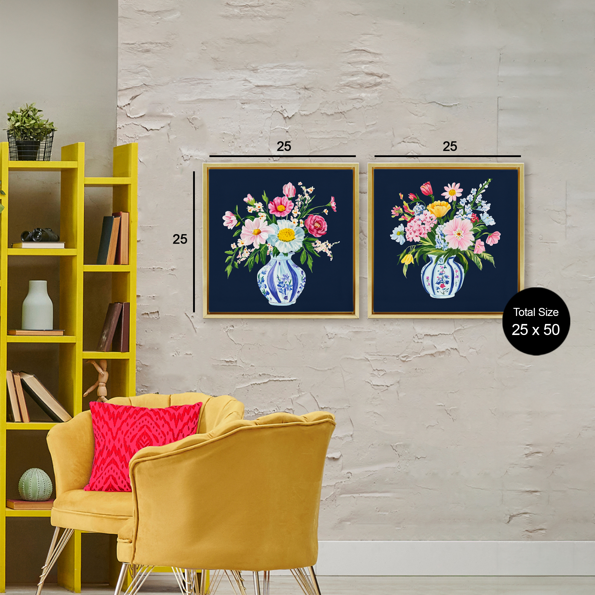 Twin Chinoiserie Vases 2 Piece Gold Framed Floater Canvas Set, design by Yen