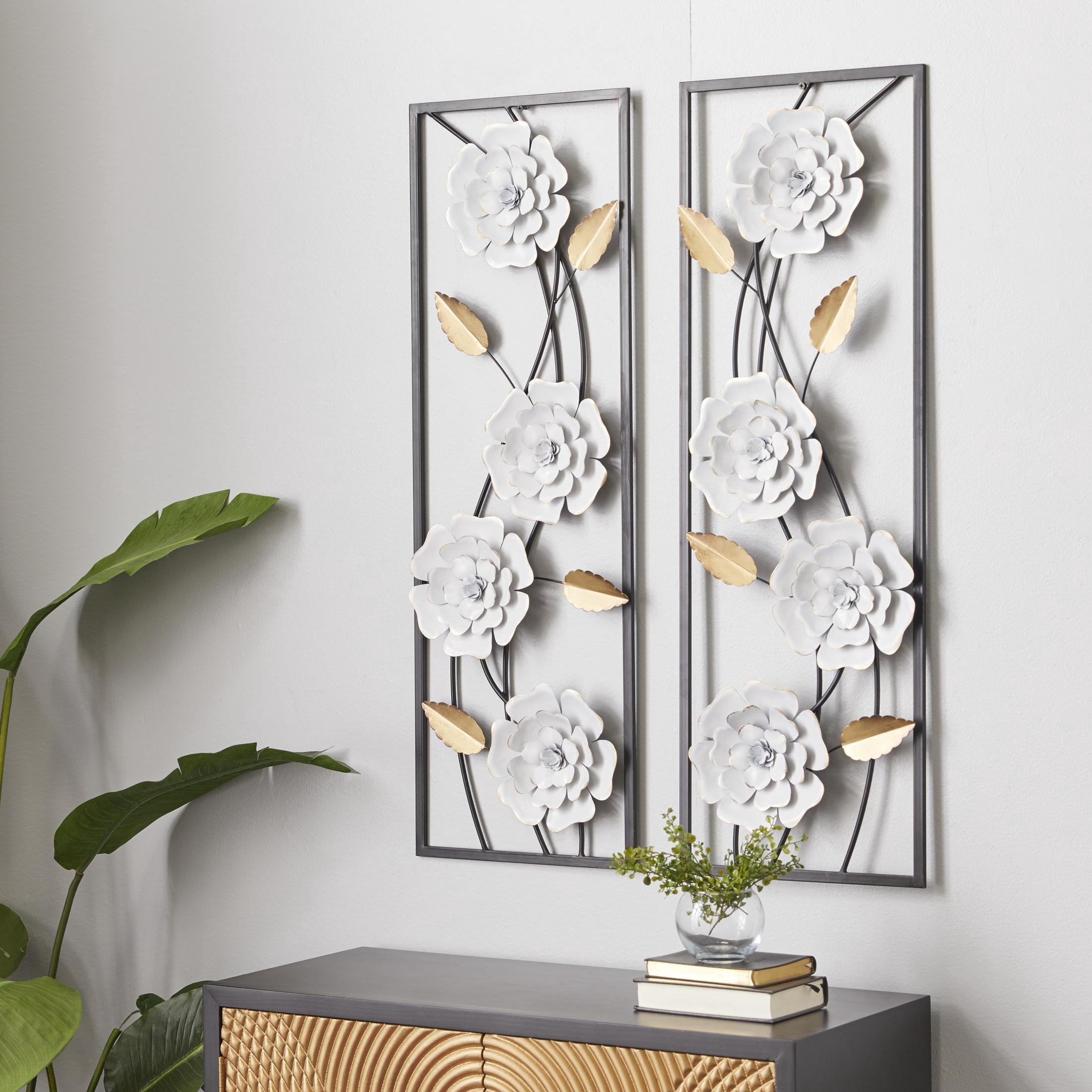 DecMode White Metal Dimensional Floating Floral Wall Decor with Black and Gold Accents (2 Count)