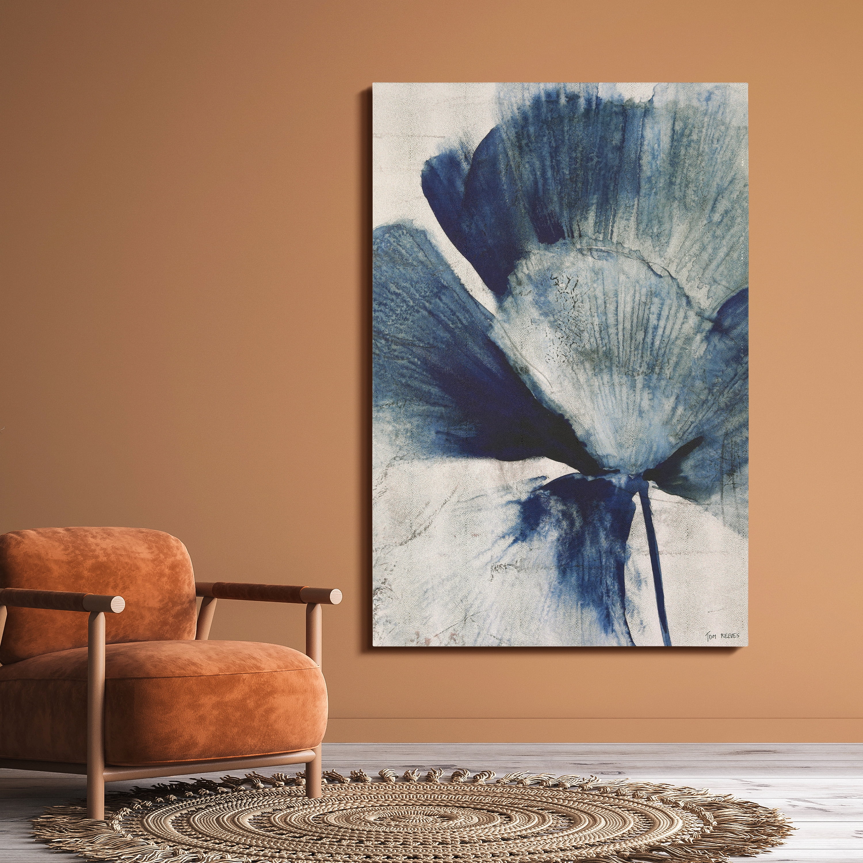 "Azure Bloom", Blue Flower Rendered on Gold Shagreen Wrapped Canvas Wall Art, sized 60"x40"