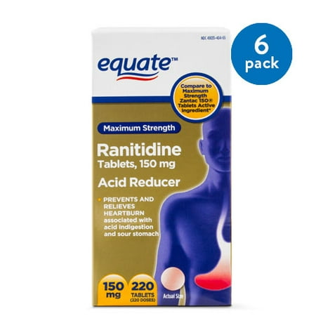 (6 pack) (6 Pack) Equate Maximum Strength Acid Reducer Ranitidine Tablets, 150 mg, 220 Ct