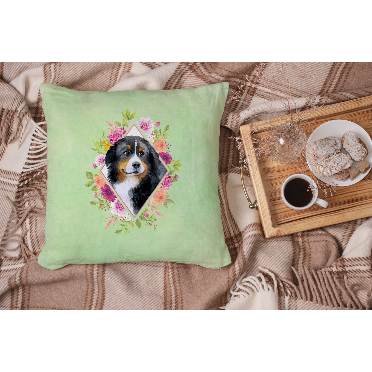Carolines Treasures CK4278PW1414 Bernese Mountain Dog Green Flowers Fabric Decorative Pillow 14Hx14W multicolor