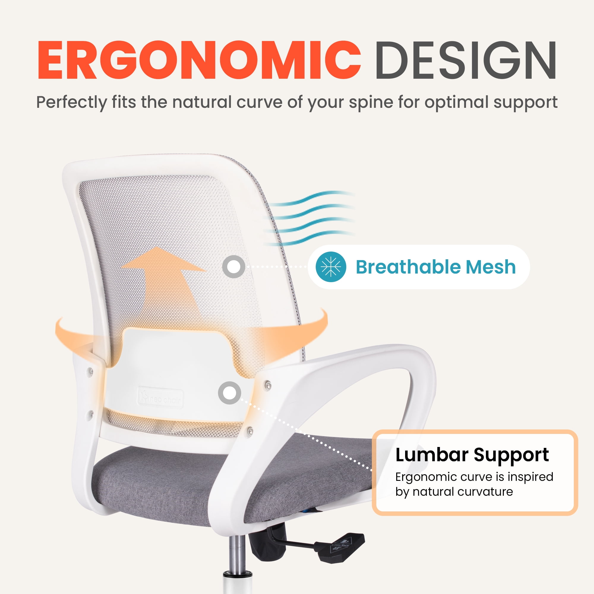 NEO Chair Office Desk Ergonomic Mesh Computer Chair with Lumbar Support Adjustable Height Swivel Rolling Wheels Comfy Mid Back Task Chair for Home Bedroom Vanity Study (Grey)