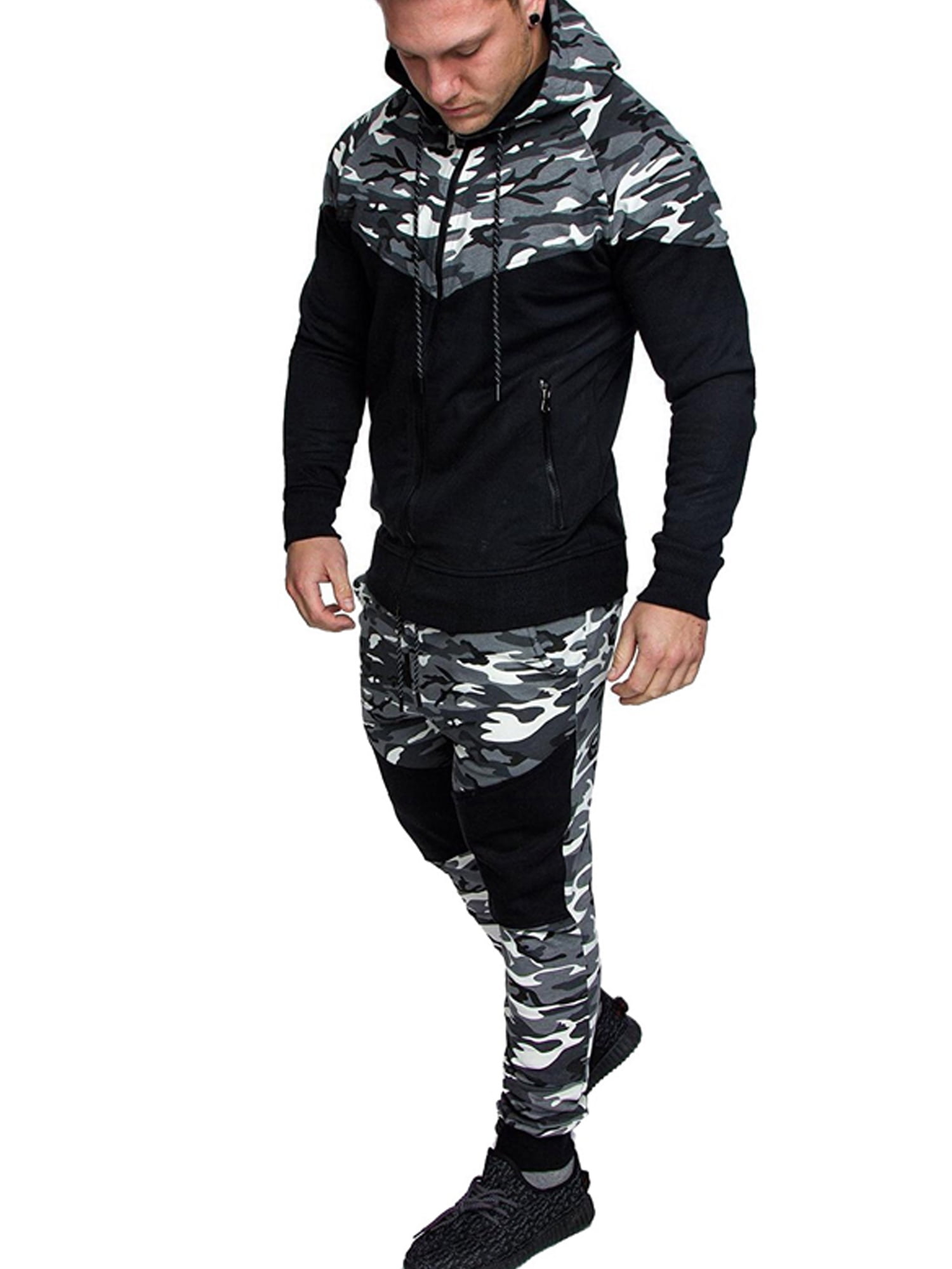 ARTFFEL-Men Casual Hooded Jacket Sweatpants Color Block Jogger Tracksuit Sports Suit 