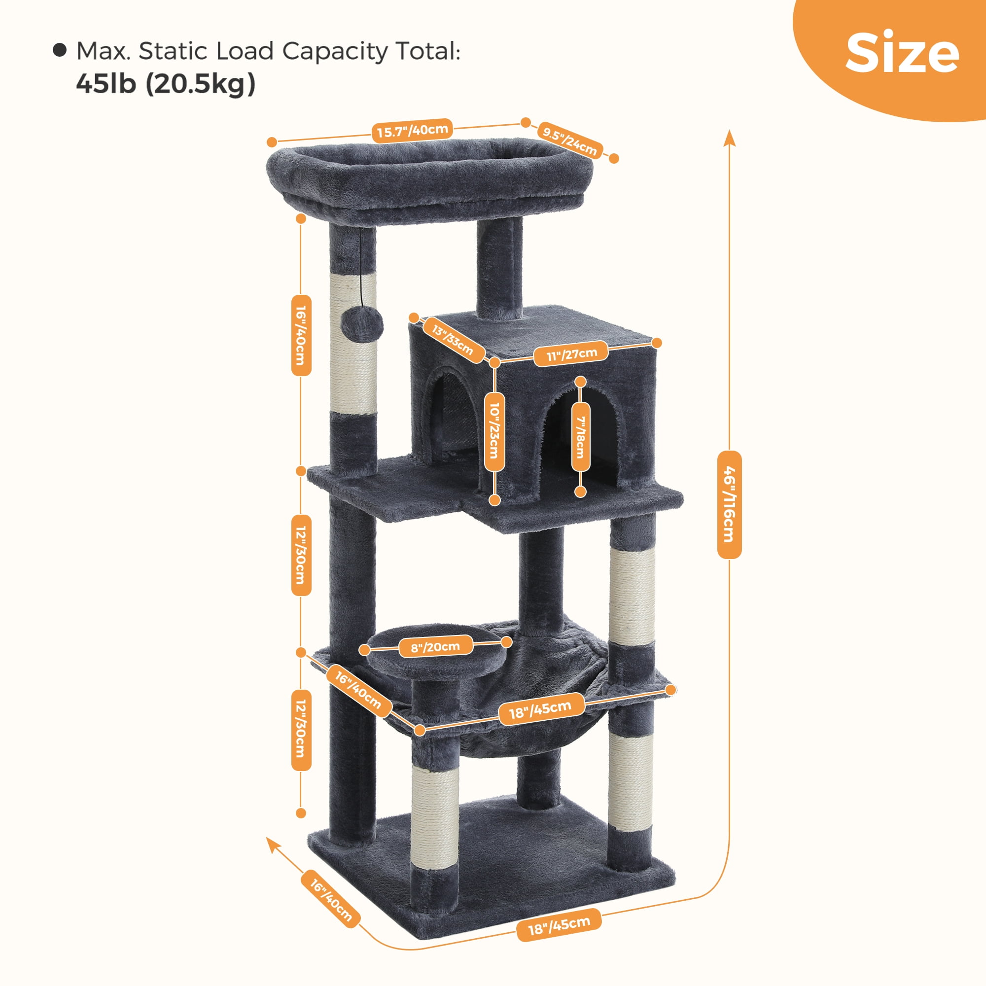 PEQULTI 45.7" Multi-Level Cat Tree Large Cat Tower Indoor with Condo and Hommock Dark Gray