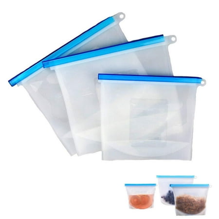 Reusable Food Storage Bag - Set of 3. Airtight Zip Seal. LARGE SIZE 50oz. Bags keep your food fresh. Great for lunch, snack, fridge, cooking. Best for freezing and storing
