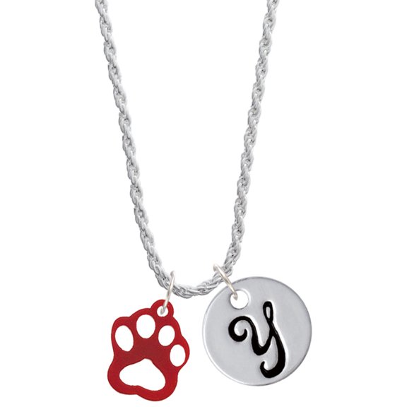 Delight Jewelry Acrylic Small Paw Maroon Silvertone Script Initial Disc - Y - Charm Necklace, 20" 3"