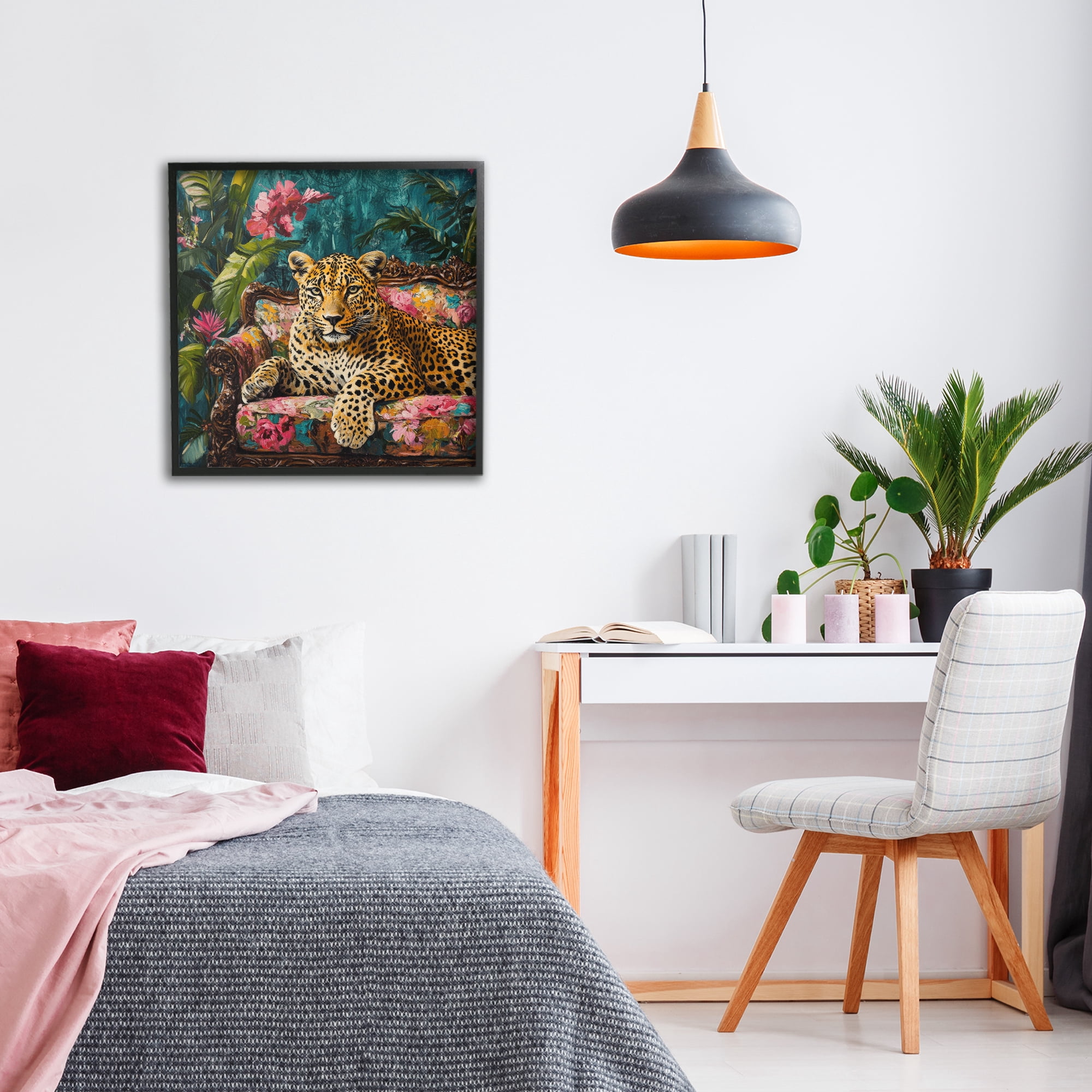 Stupell Industries Fashionable Leopard on Floral Sofa Black Framed Giclee Art, design by Petal Prints Design