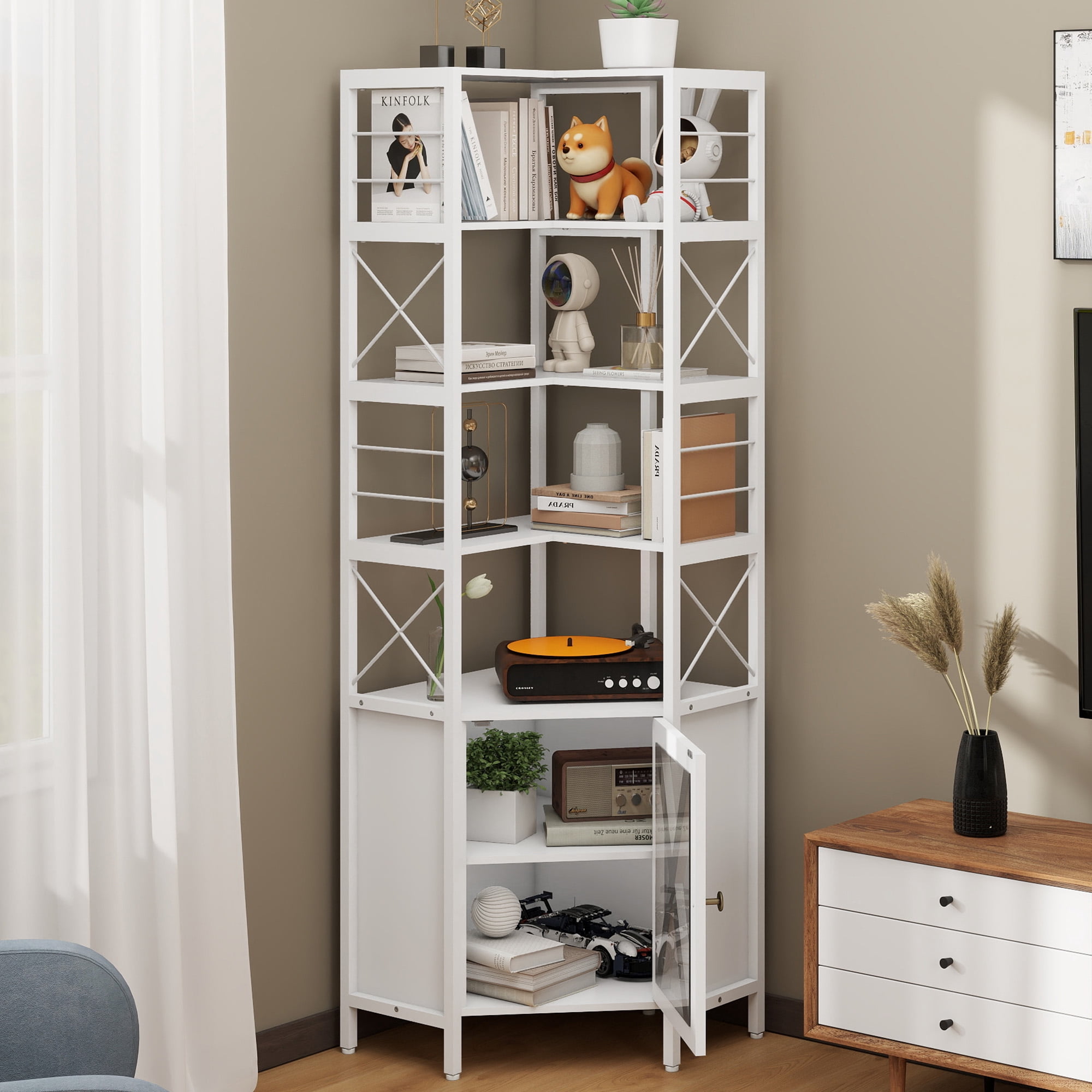 Uforic 7 Shelf Bookcase with Door, Corner Bookshelf with Storage, Standing Storage Cabinet Corner Display Shelf for Living Room, Home Office, White