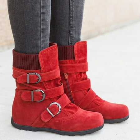 

Ediodpoh Women Suede Round Toe Zipper Flat Pure Color Buckle Strap Keep Warm Snow Boots Women s Boots Red 7.5