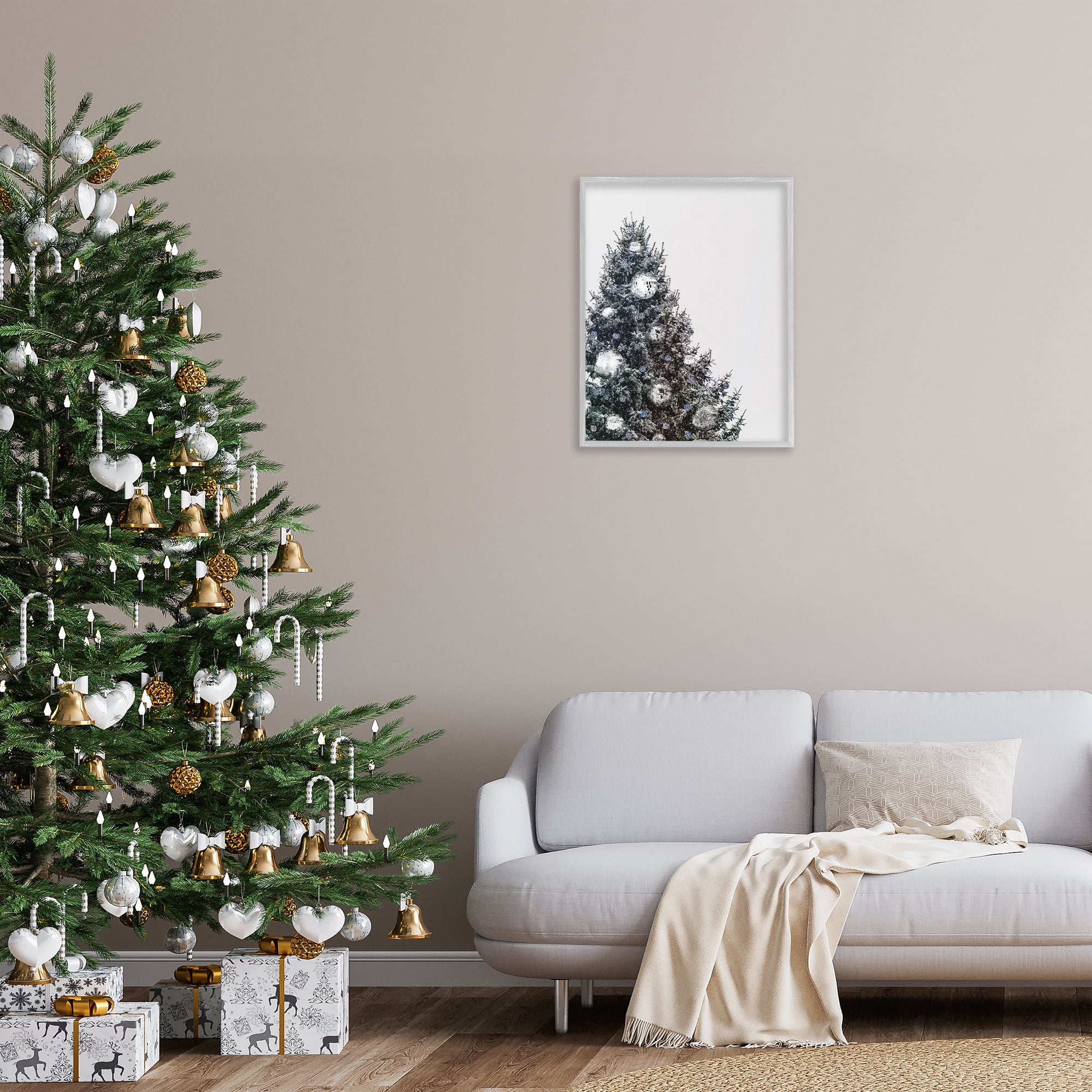 Stupell Industries Disco Ornaments on Tree Holiday Painting Gray Framed Art Print Wall Art, 24 x 30