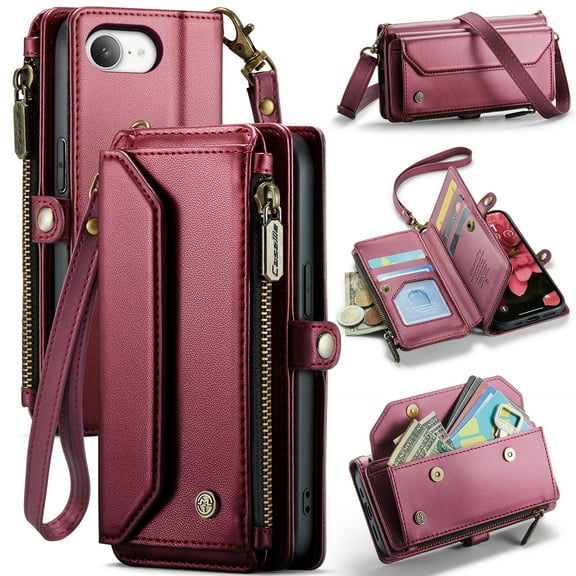 CaseMe Leather for iPhone 16e 6.1-inch Case Wallet【RFID Blocking】with 7-Card Holder Zipper Bills Slot, Soft PU Leather Magnetic Shoulder Wrist Strap for iPhone 16e 6.1-inch Wallet Case Women,Wine Red