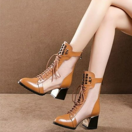 

High Heels Thick Heels Rivet Boots Mesh Panel Martin Boots Women‘s Chunky Heeled Shoes Pointed Toe Ankle Boots