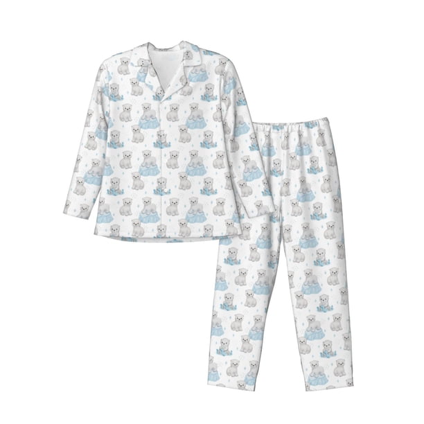 Balery Playful Polar Bear Pals Pijama para Hombre de Dos Piezas con Manga Larga, Conjunto de Dormir y Descanso Suave con Bolsillos-Large