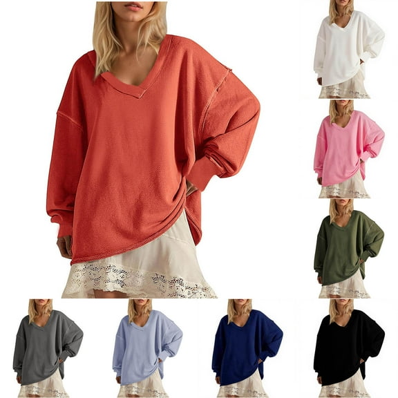 Titcea Sweatshirt for Women, Solid Color V Neck Trendy Sweater, Loose Comfy Casual Tops