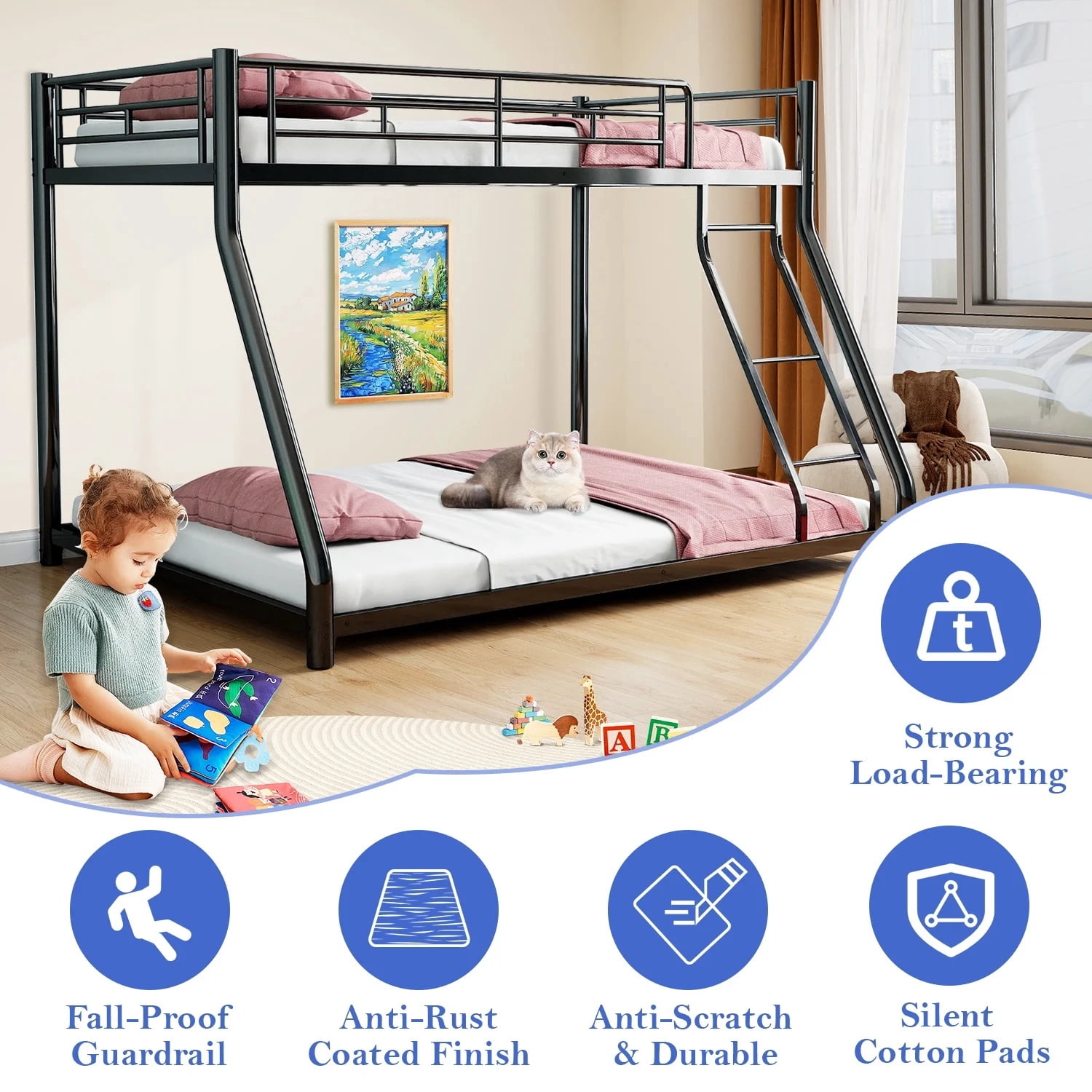 Alvantor Twin over Full Bunk Bed for Kids Teens, Heavy Duty Meta Bed Frame with Guardrail and Ladder Black