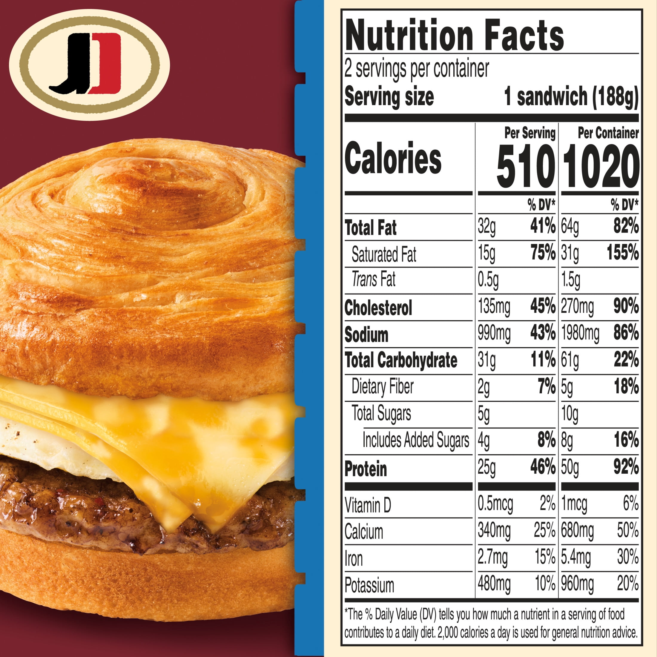 Jimmy Dean Frozen Protein Breakfast Sandwich, Sausage, Egg, Cheese Croissant, 13.3 oz, 2 Count
