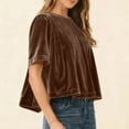 thumbnail image 7 of UTSJKR Womens Velvet Peplum Babydoll Tops Casual Crewneck Pleated Blouse Short Sleeve Flared Swing Pullover Brown M, 7 of 7