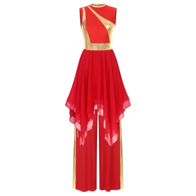 Zaldita Tenue de Danse pour Femmes, Robe à Blocs de Couleur Métallique avec Pantalon, Costume de Prière Lyrique, Rouge P