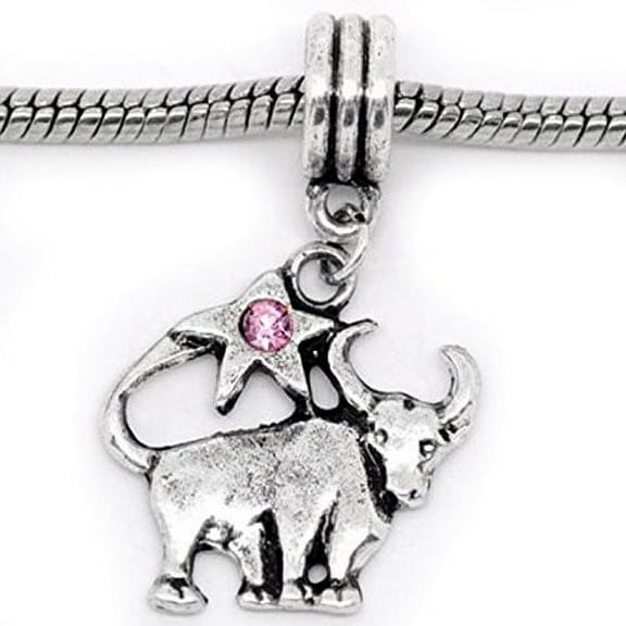 Sexy Sparkles Silver Plated Metal Base Taurus Zodiac Charm With Pink Crystal Dangle Bead for Snake Bracelets - Zinc Metal Alloy, 1 Charm