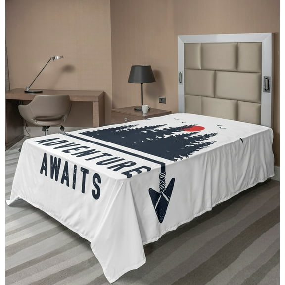 Ambesonne Saying Flat Sheet, Calligraphy Trees and Sun, TwinXL Size, Dark Blue Grey and Vermilion