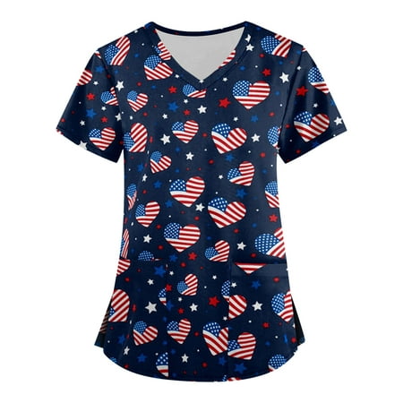 

Sksloeg Spring Printed Scrub Tops for Women Breathable American USA Flag Pattern Blouse Short Sleeve Nurse Working Uniform V Neck Graphic Scrub Shirts Royal Blue XL
