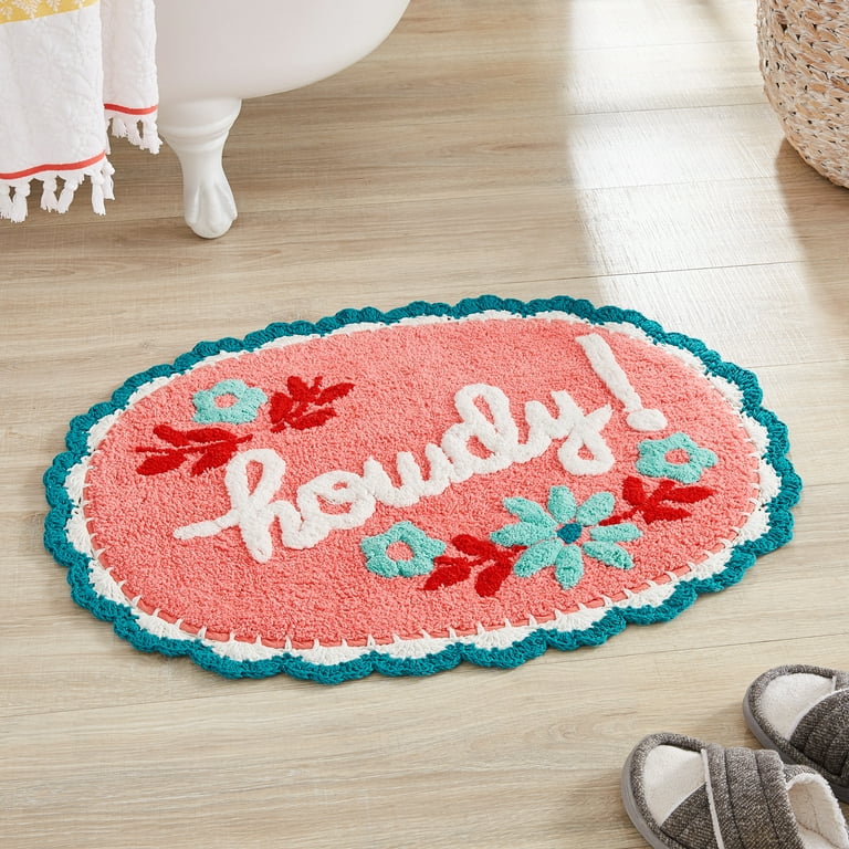 The Pioneer Woman Floral Howdy Typography Cotton Oval Bath Rug, Coral, 20  x 32 