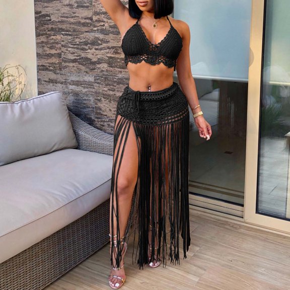 Yuhangmm Coverups for Bathing Suits, Swimwear Cover Up swimwear for women European- Beachwear Set with Tassel Skirt and Two Piece Bikini Top Beach Cover Up Black One Size