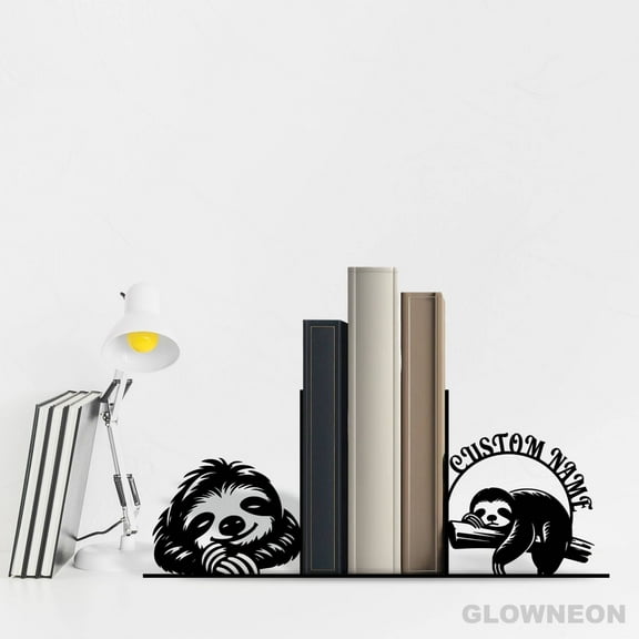 Glowneon Personalized Sloth Metal Book Ends, Bookish Book Nook Decor