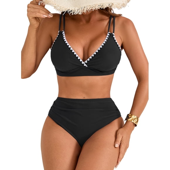 Charmo Women's Bikini Sets V Neck High Waisted Swimsuits Shell Stitched Two Piece Bathing Suit