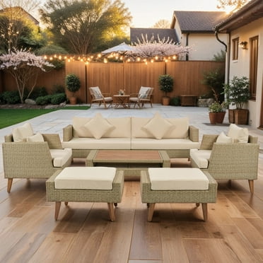 6 Pieces Patio Furniture Set Outdoor Conversation Set, All Weather PE Wicker Rattan Sectional Sofa Couch with Storage Table and Cushions, Brown