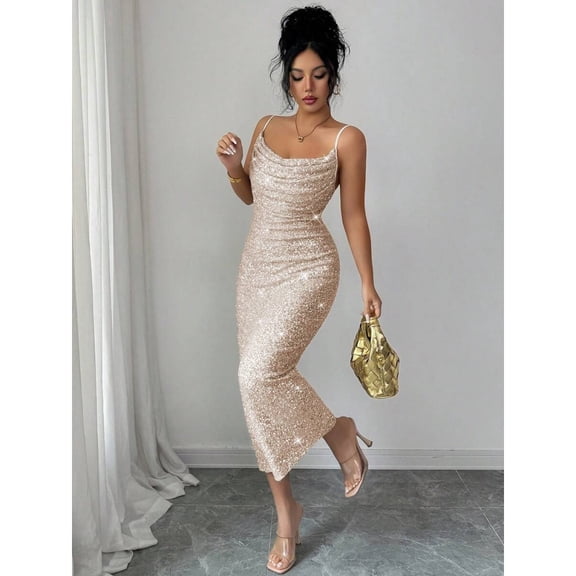 Gold Sequin Spaghetti Strap Draped Neck Ruched Waist Midi Dress For Women