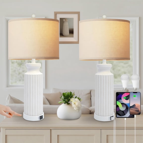 Tnuyoah Modern 28" Table Lamps Set of 2 with USB C A Ports - 3-Way Dimmable Bedside Touch Control Lamp, Farmhouse Lamp with Beige Linen Shade for Bedroom, Living Room & Home Office
