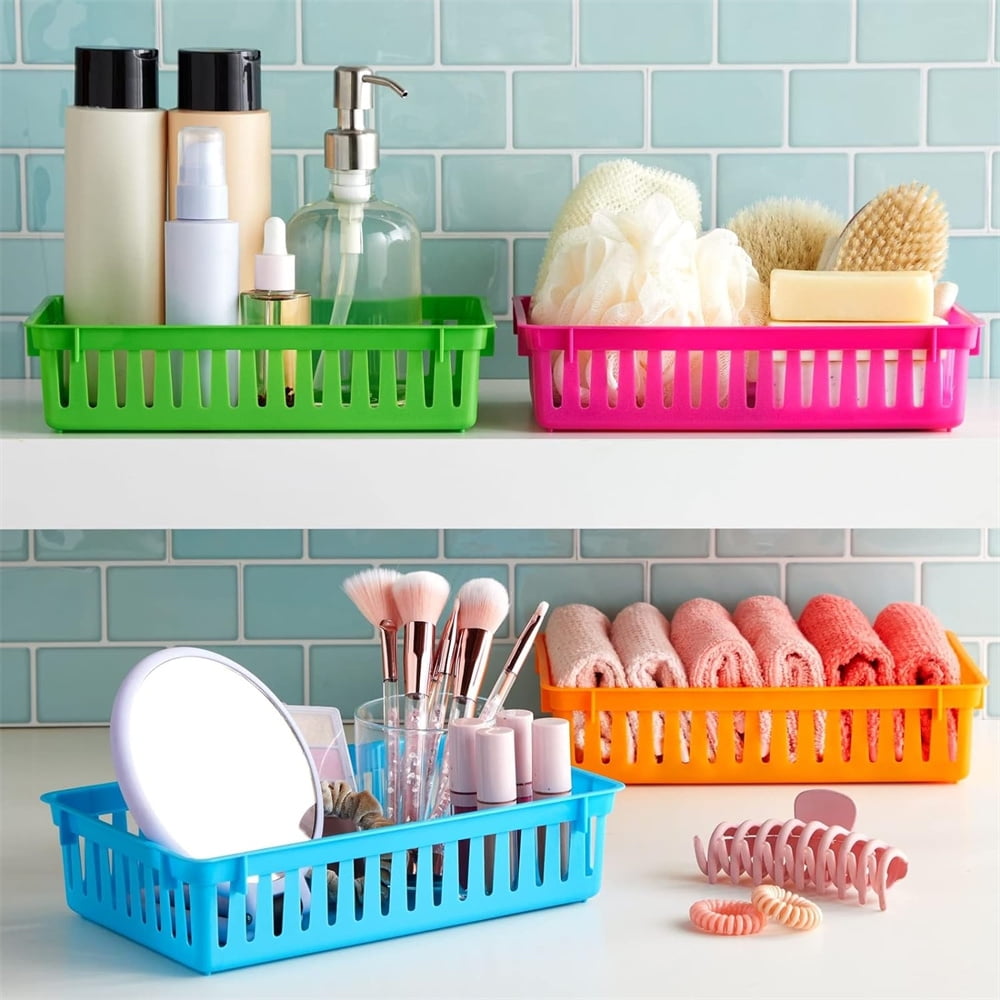 Tutuviw Classroom Storage Baskets Pencil Organizer Bins Plastic Book Baskets Small Plastic Organizer Basket Holder Tray Mesh Bins for Desk Drawer Home Office Organizing(4 Color)