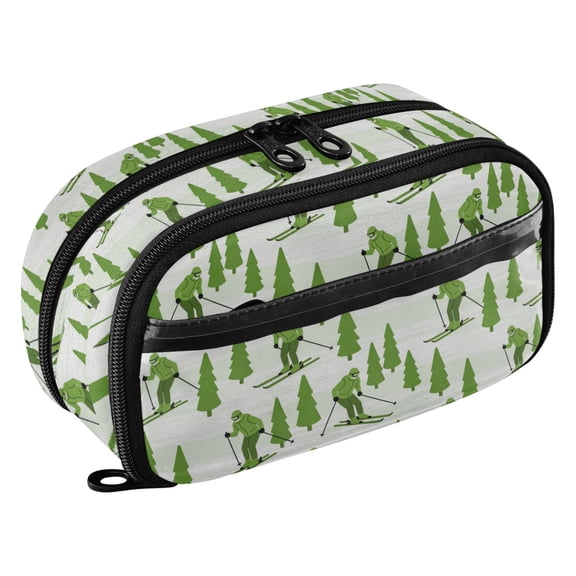 Large Pencil Pen Case Capacity PVC Pencil Pouch Makeup Bag for Women Man, Green SkiingPrinted