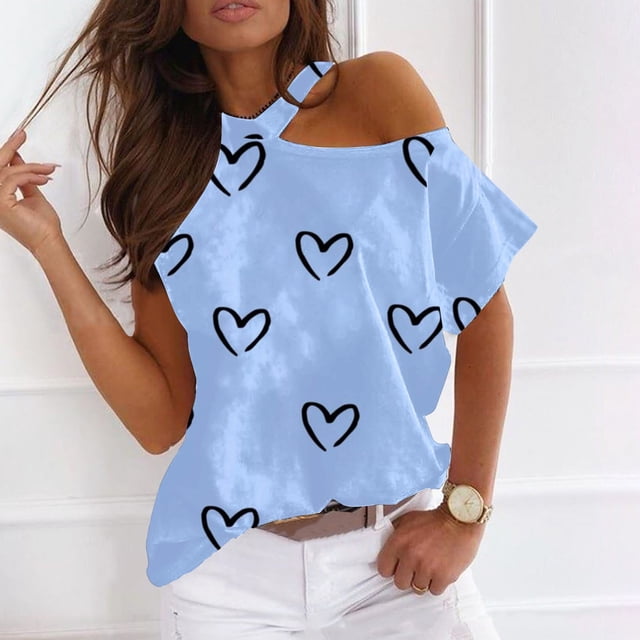 Fiudx Ofertas Del Día Mujer Verano Cuello Redondo Manga Corta Estampado Sin Tirantes Camiseta Tops Blusas